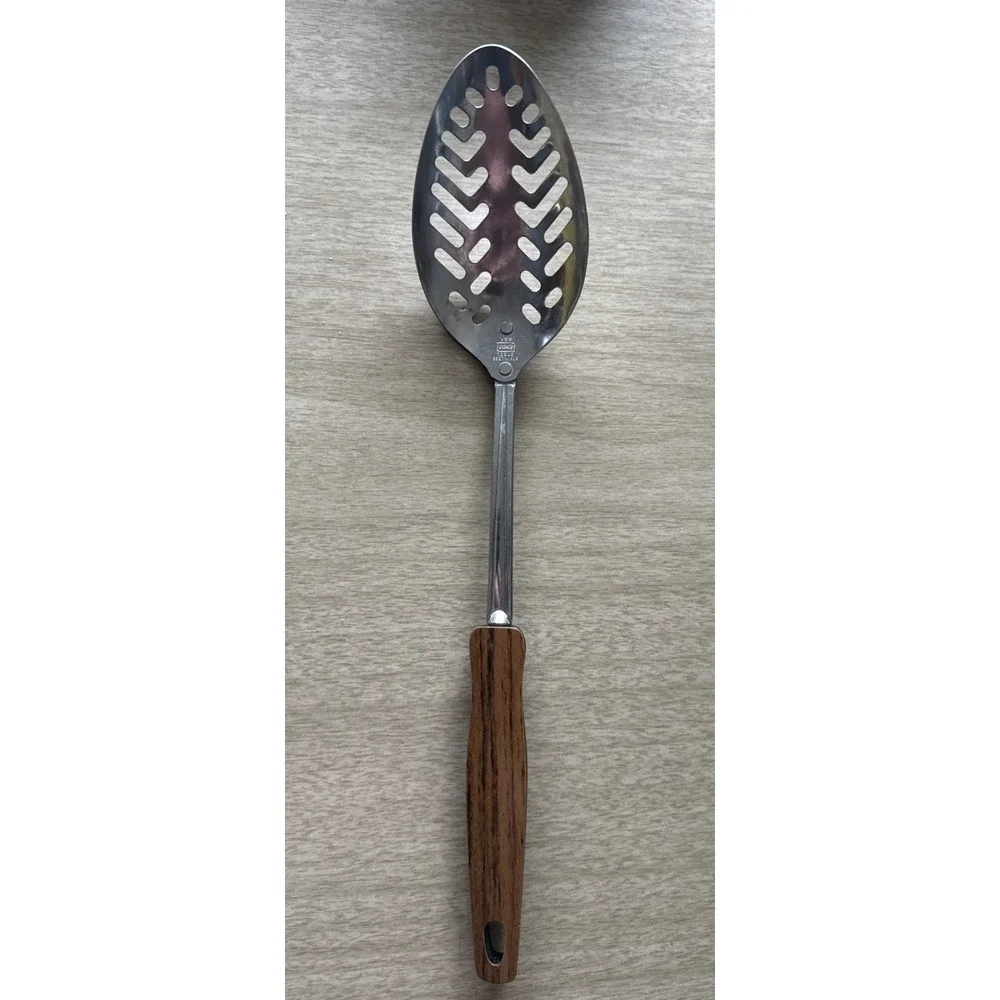 EKCO Slotted Serving Spoon Stainless Steel Utensil Faux Wood Handle USA VTG MCM